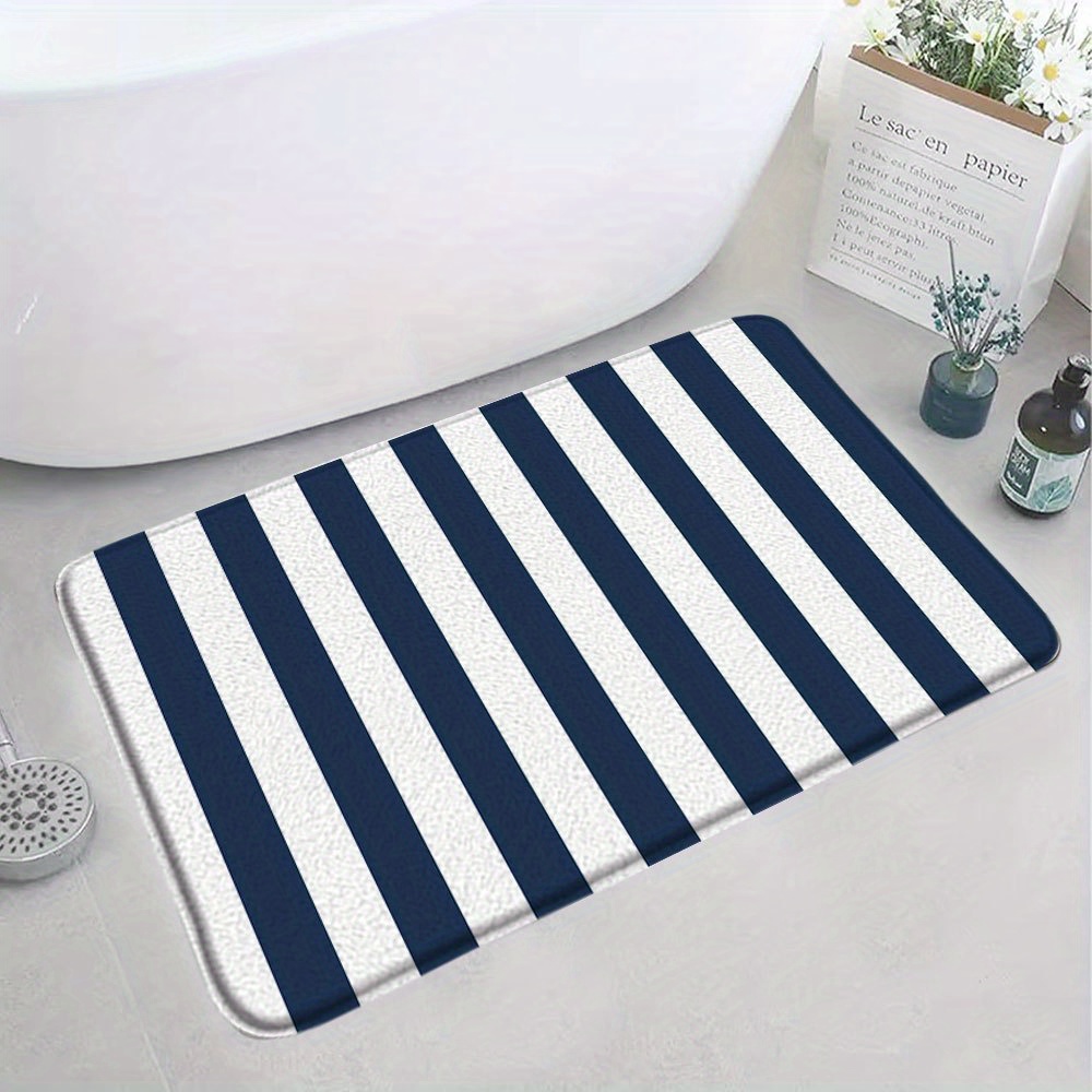 1pc Navy Blue and White Striped Bath Rug – Modern Flannel Bath Mat with  Soft Polyester Backing for Bathroom Decor, 45x75cm Inches),