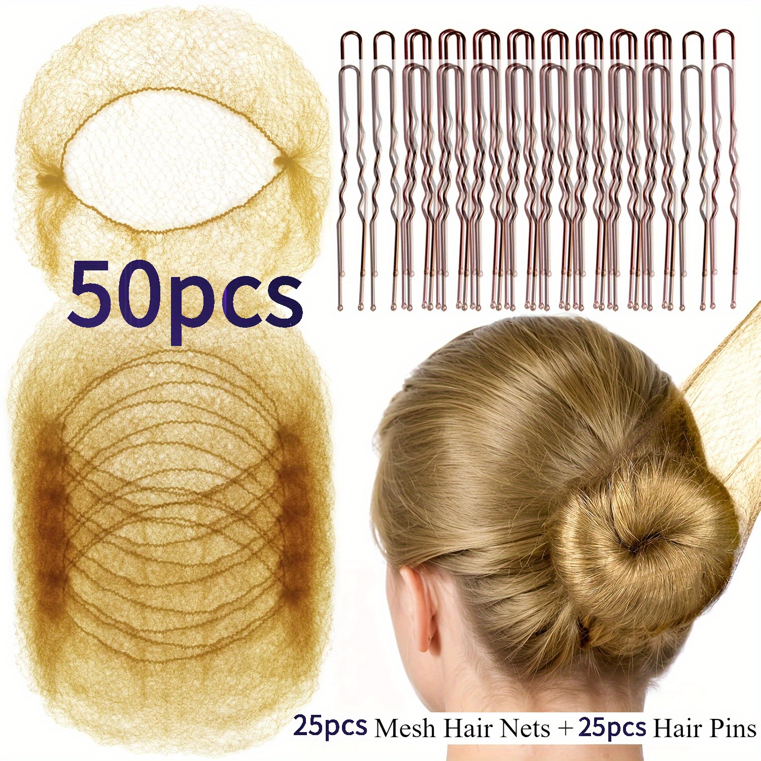 E-shop 50-teiliges Haaraccessoire-Set: 25 unsichtbare Mesh-Haarnetze 25 U-förmige Haarklammern, geeignet für Frauen, Ballettproduktionen Tanz. Haarnetz