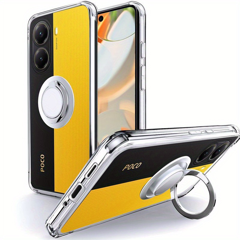 TEMU para teléfono: para POCO X7 X6 X5 X4 X3 4G 5G NFC, delgada y transparente [Protección contra caídas de 12 pies] [con soporte de anillo giratorio
