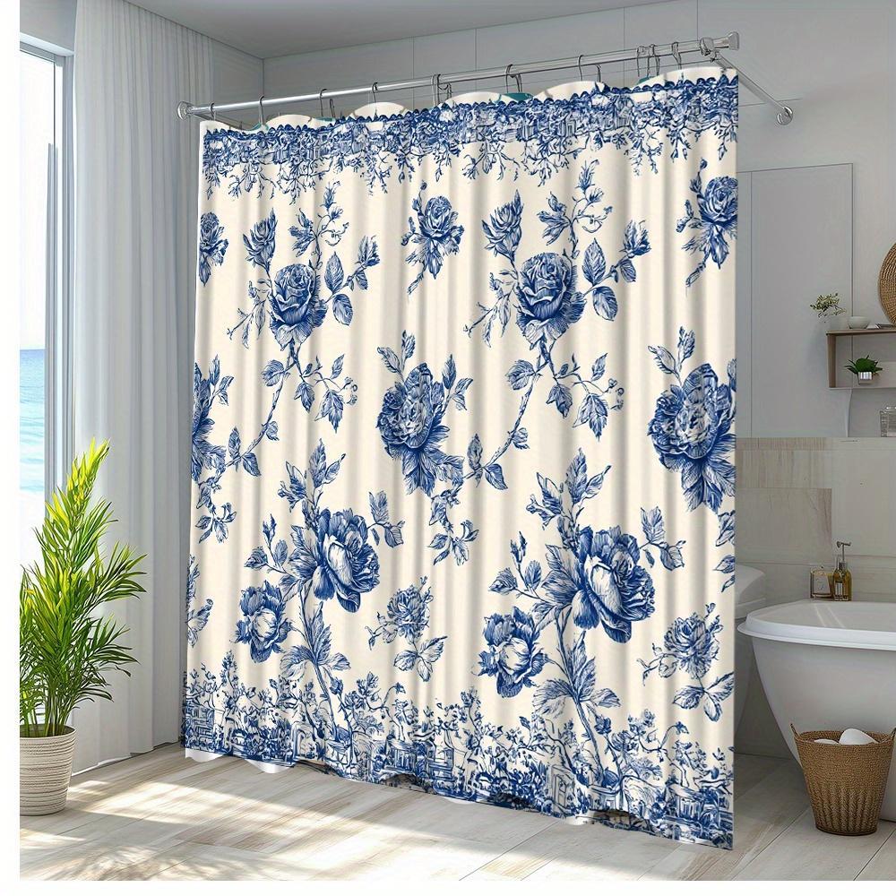 TEMU 1pc Extra Long Vintage Floral Shower Curtain - Elegant Navy Blue & Bathroom Decor With Hooks, Large Bath Curtain For Bathtub, Machine Washable