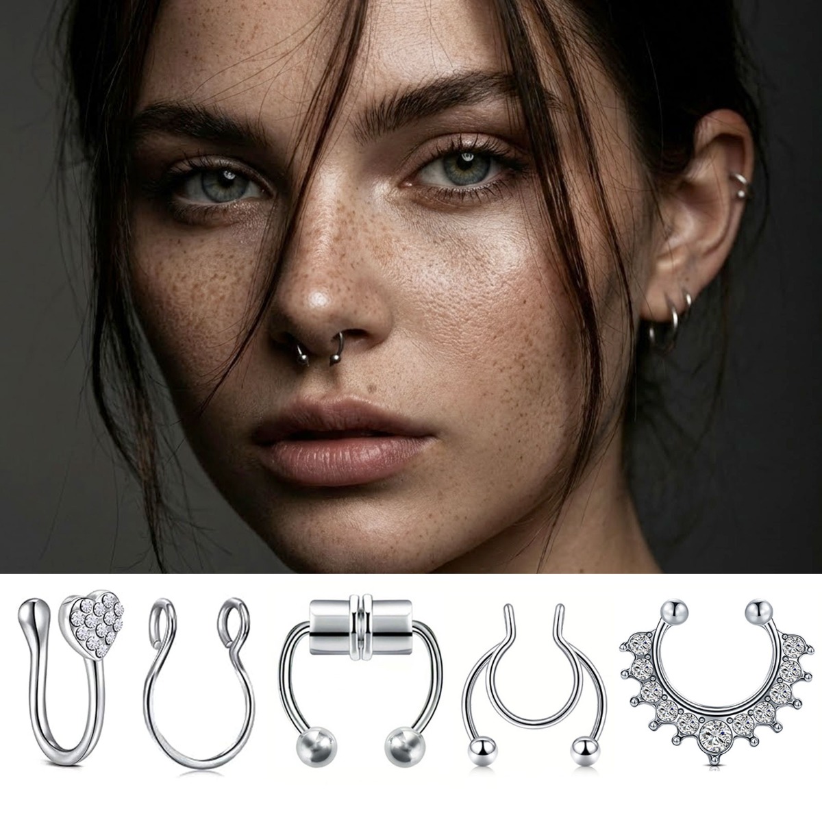 Image of 5/12pcs Nose Ring Magnetic Nose Septum Jewelry, Non-piercing Stainless Steel Nose Ring Ear Ring Jewelry, Gothic Punk Style Fake Body Jewelry For , Hypoallergenic And Gifts