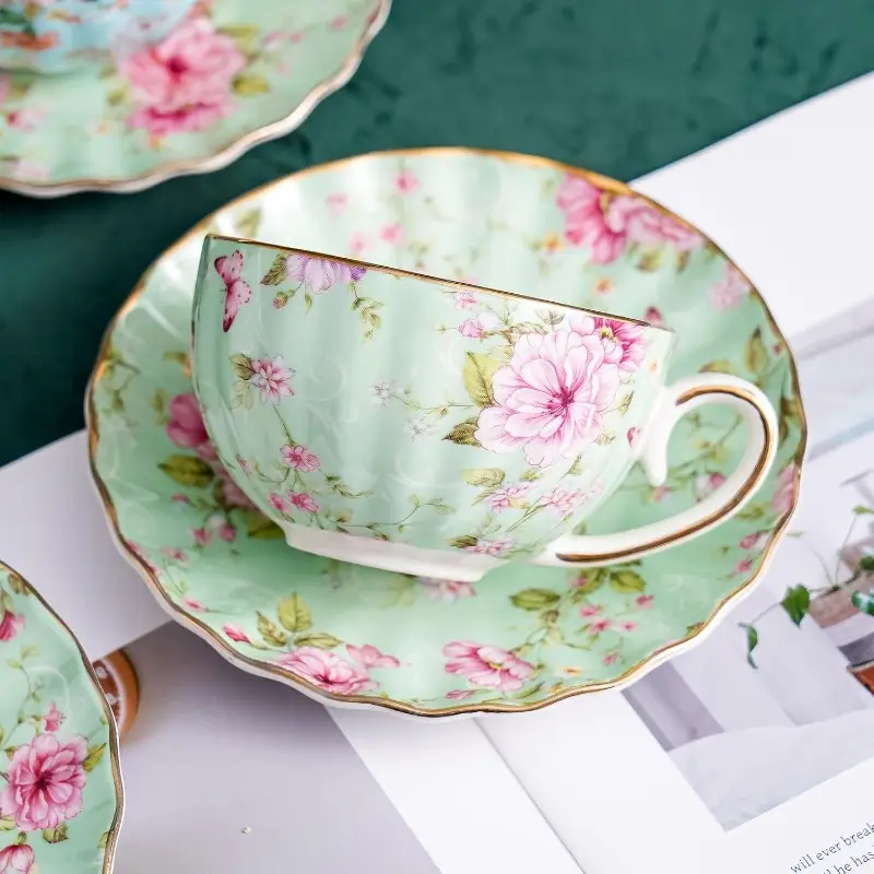 tea cup and saucers 6 4oz floral tea cups with porcelain bone china teacup coffee cappuccino espresso latte mugs for party birthday party christmas gift green Product details 3