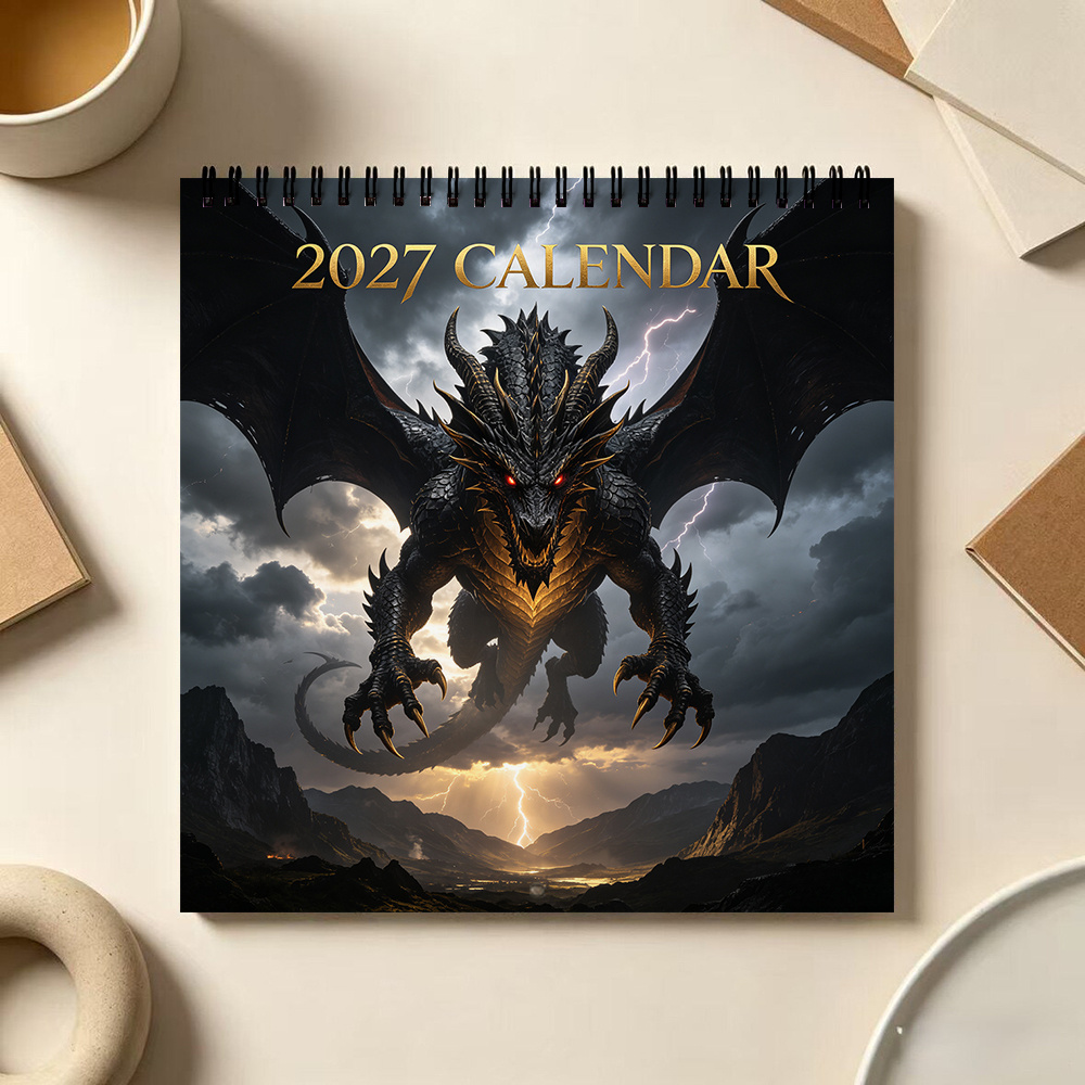 TEMU 1pc, 2027 Black Dragon Calendar 8.3 X 8.3 Inch Wall Hanging Calendar Monthly Planner Calendar For Home Office School Decor Perfect Gift For