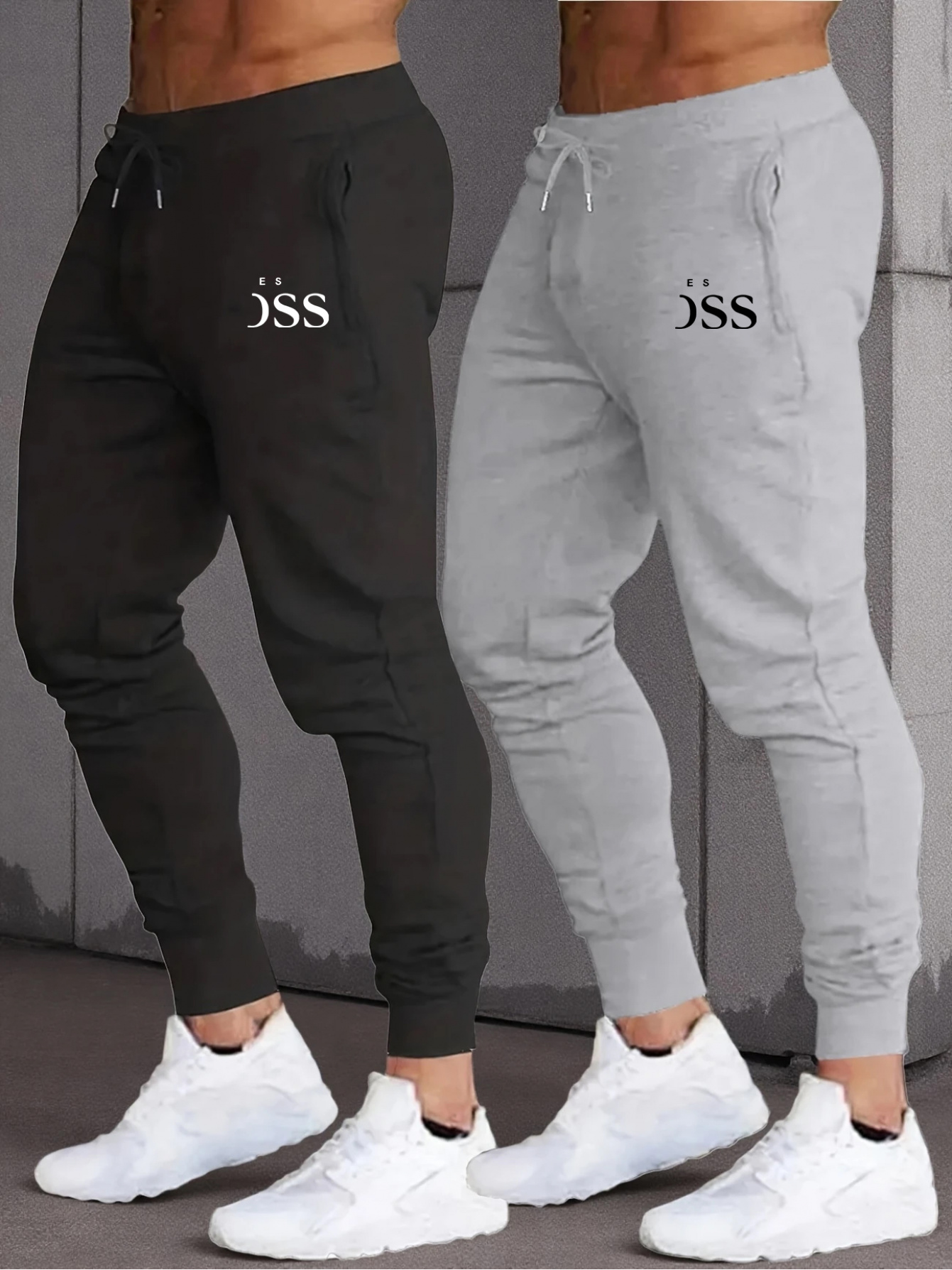 Men's 2-Tone Jogger Pants with Elastic Waist & Drawstring - Dark Green/Black/Navy Blue Gym Track Pants, White Logo Print, 100% Polyester Athletic Casual Trousers for Training, Workout & Casual Attire (Machine Washable)