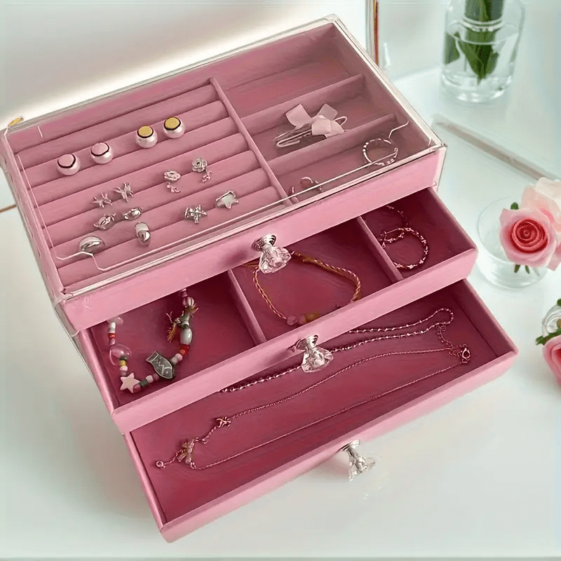   three layer flocked jewelry storage box fleece lining with acrylic display stand 3 drawers for organizing bracelets and rings exuding   Product details 3