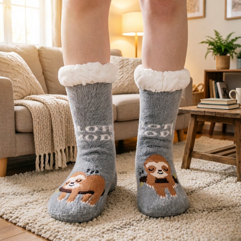 TEMU 1 paar Valporia Luiaard Thermische Sokken & Pantoffels Geschikt voor Mannen, Vrouwen, Tieners - Dikke Winterwarmte, Antislip Pluche , Knus /