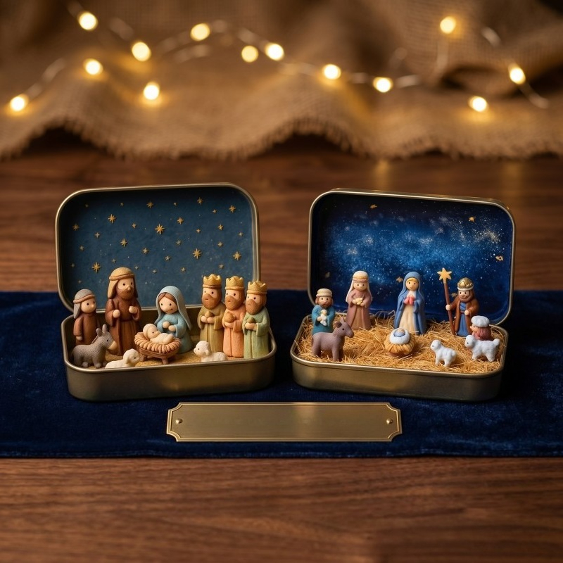 TEMU 2pcs Christmas Nativity Scene Figurine Set In Tin Box, Handcrafted Holy Family Ornament, Small Religious Decor, Ideal Gift For And Collectors