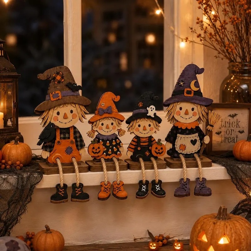 TEMU Set Mensola Spaventapasseri di Legno per Halloween, Decorazione Autunnale Strega e Zucca, Arredo da Fattoria per Mensola e Tavolo, Decorazione