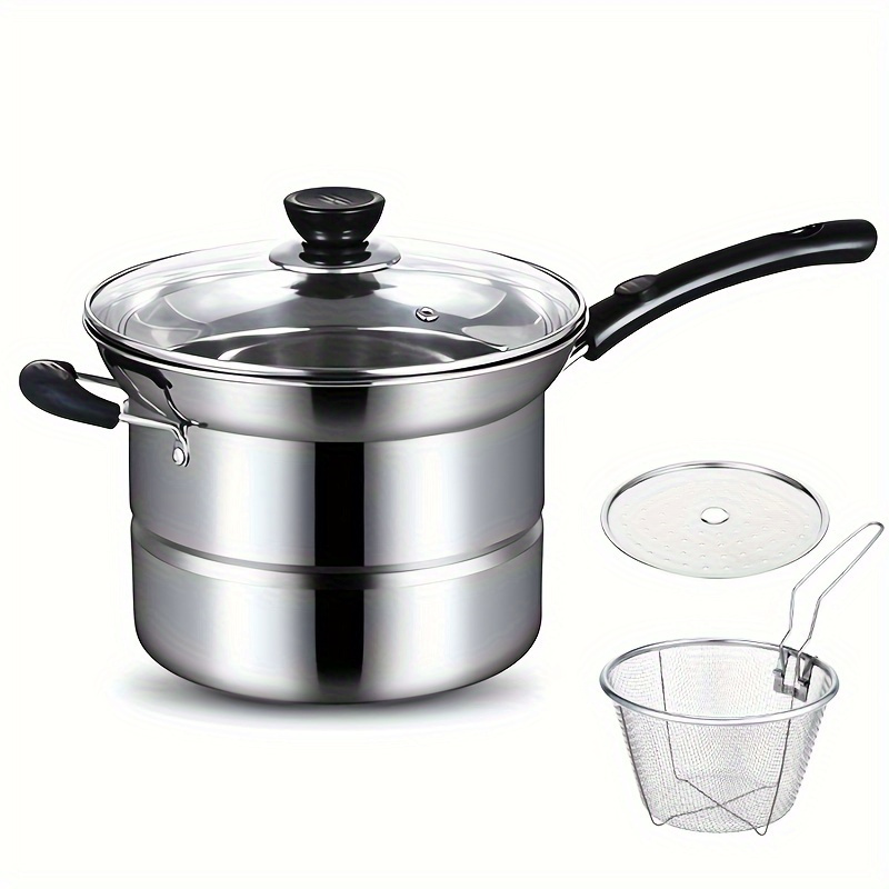 TEMU Stainless Steel Pot, With Steamer And Strainer-electric Cooking And -fried Pot For Gas Stove- And Noodle Pot, No Battery Required