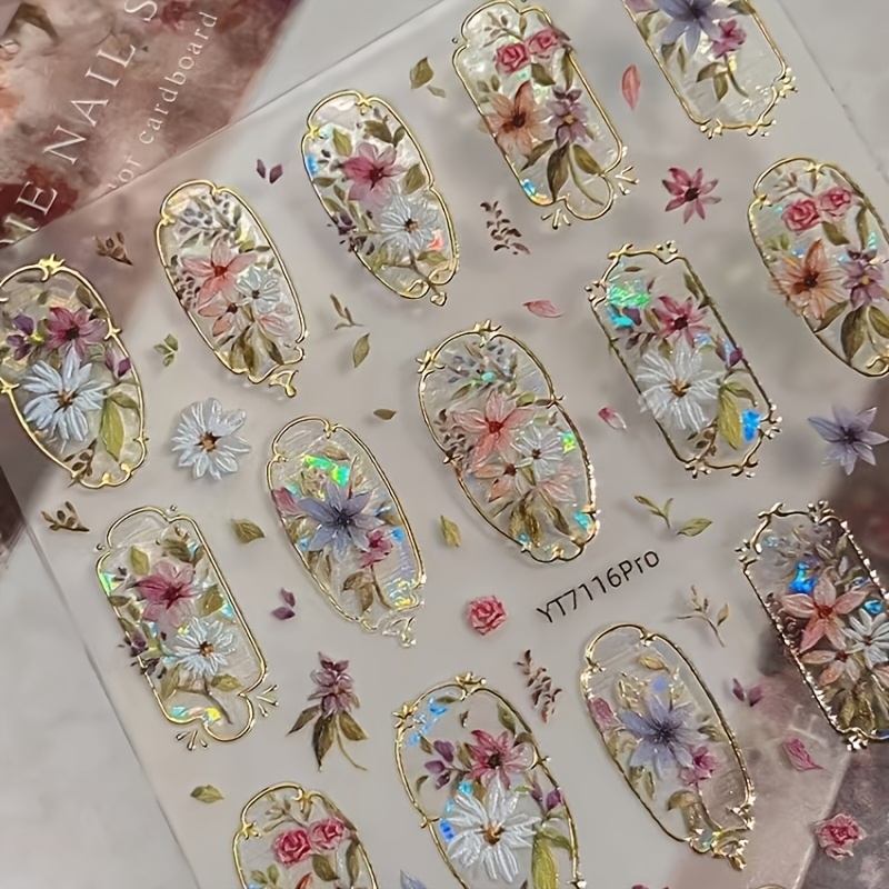 1pc Elegant 3d Flower Nail Sticker, Embossed Golden Retro Style, Sparkling Pet Decal For Acrylic Nails, Princess Theme, Self-adhesive Manicure Embellishment, Nail Art Supplies, Single Use