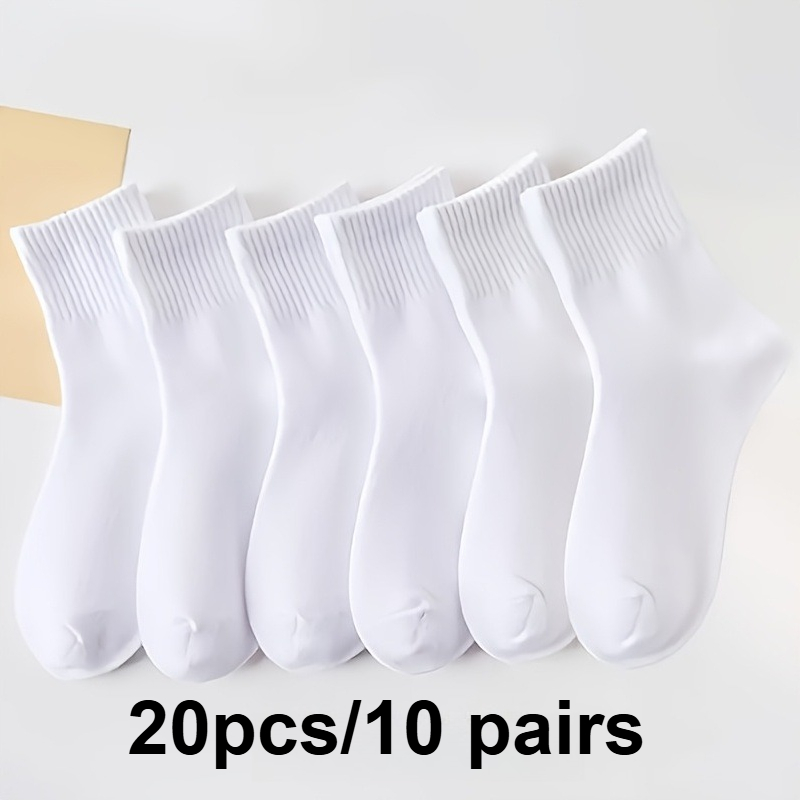TEMU 10-pack Women's Medium White Socks - Ribbed Cuffs, Glossy Fabric, Hand Wash , Ideal For Casual Sports Socks