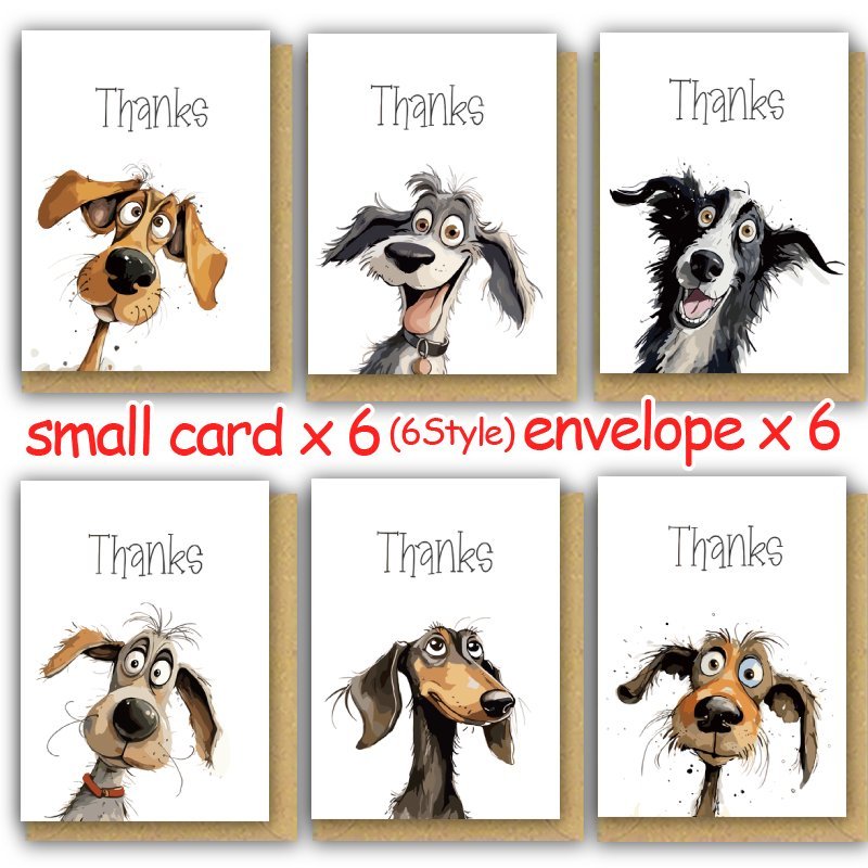 

6-pack Dog Thank You Cards, Assorted Styles, Paper Material, Suitable For Christmas, Thanksgiving, New Year, Birthdays, Appreciation - Includes Envelopes