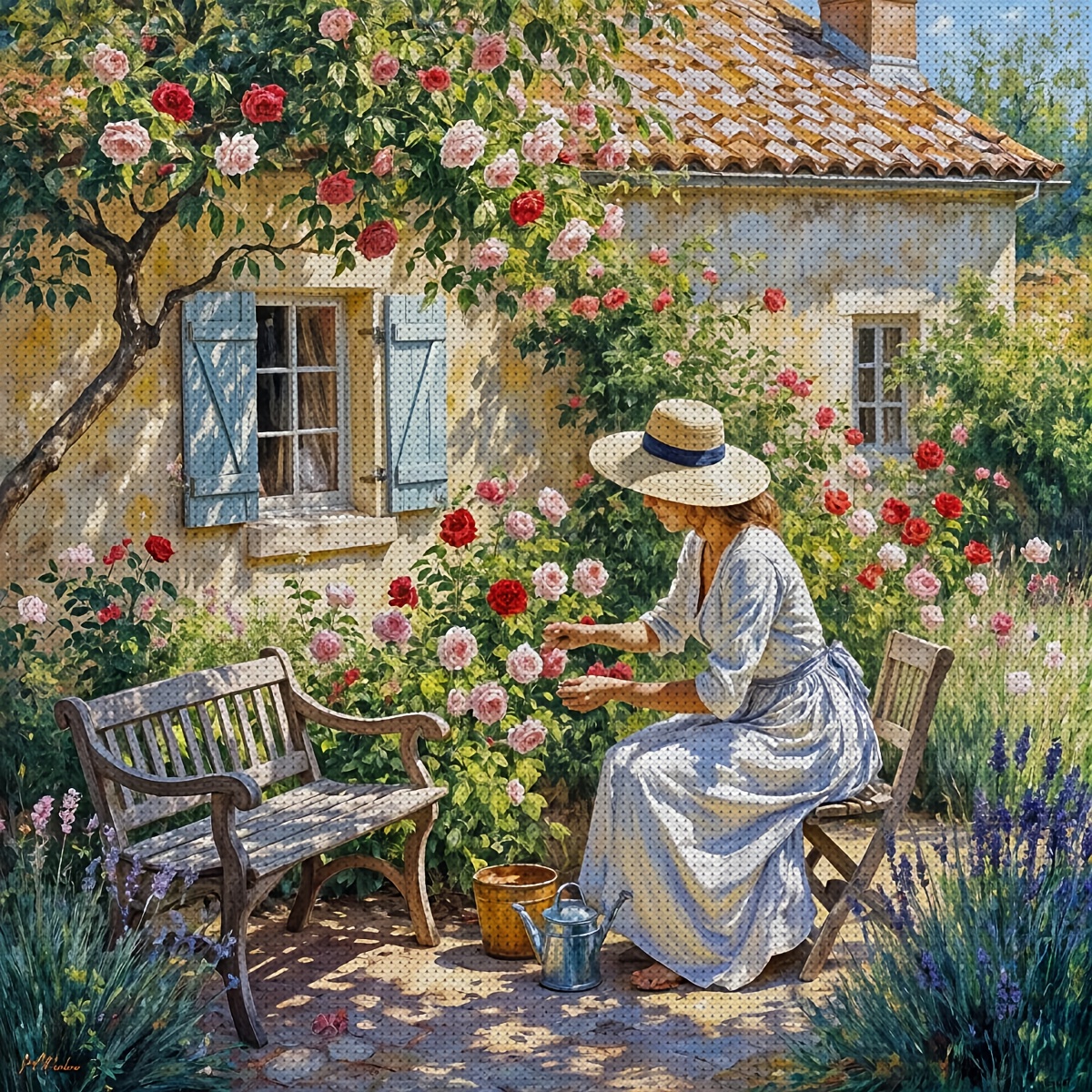 1 [30 x 30 cm / 11,8 x 11,8 in] [40 x 40 cm / 15,7 x 15,7 in] 11CT za križni šiv s potiskanim platnom, Lep vrt in ženske, Sproščujoč za vezenje