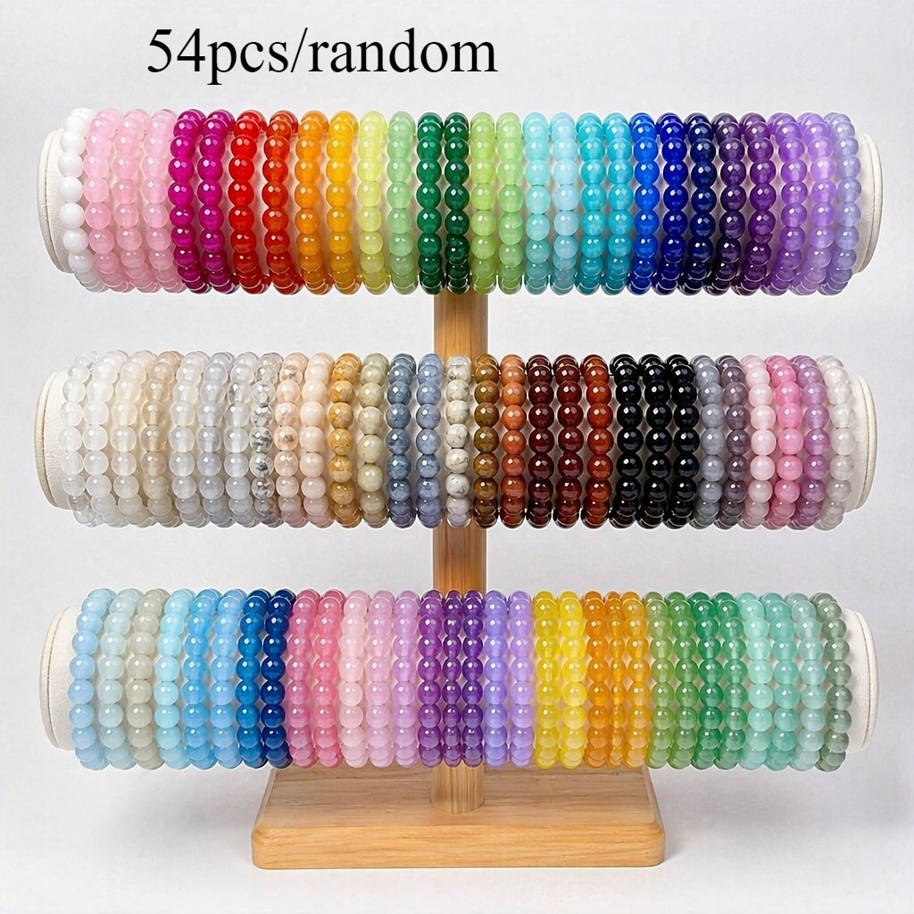 Random 54pcs Bohemian Style Multi-style Beaded Bracelets Set, Mixed Design Artificial Glass Hand-beaded Elastic Bracelets, Suitable For Men In