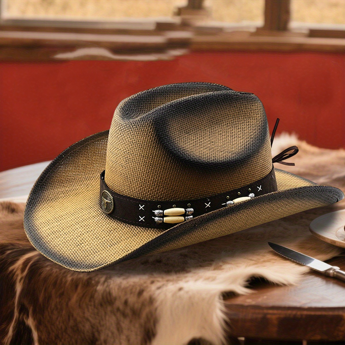 western cowboy straw hat women men summer sun hat beaded - Temu display picture 2