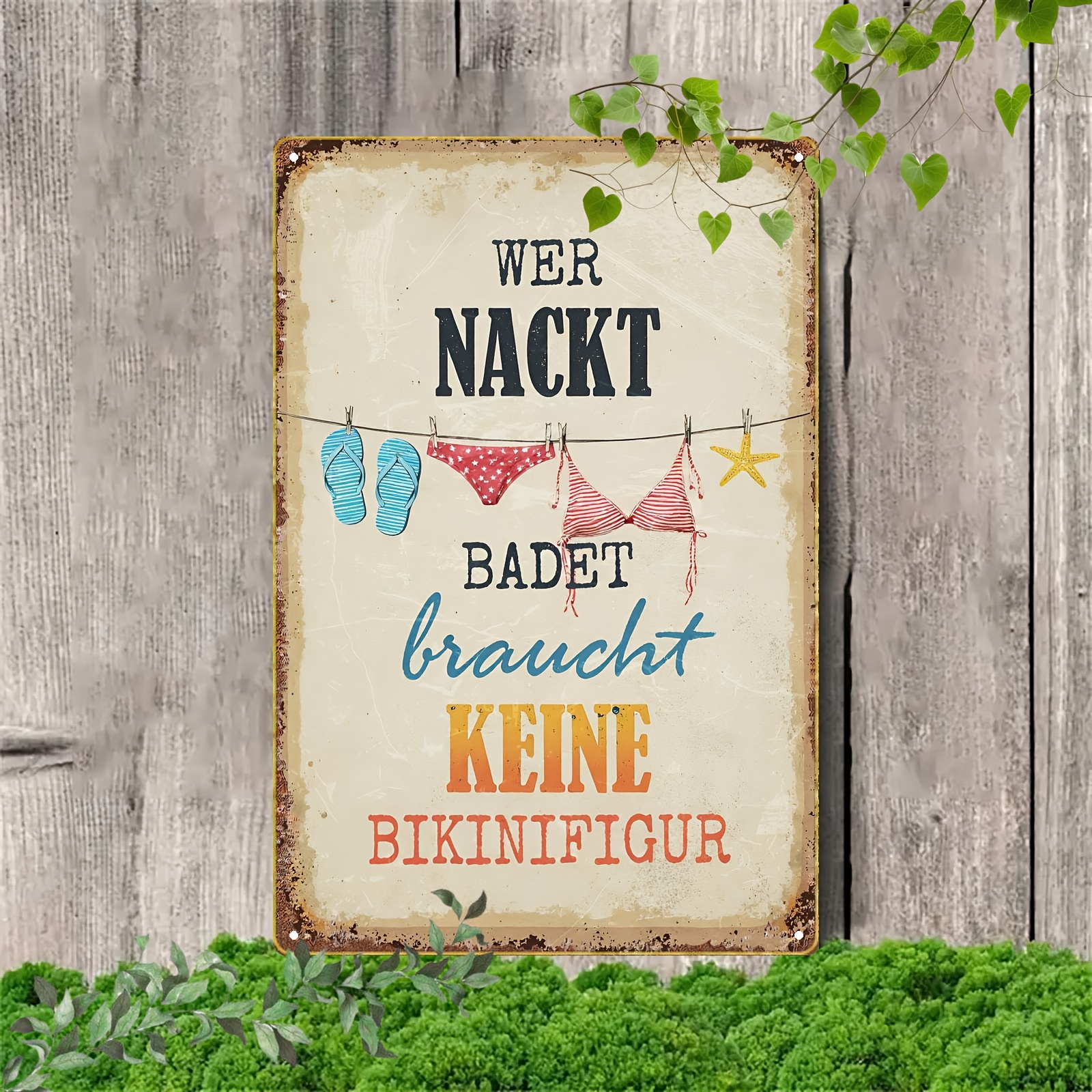 E-shop 2D Flat - 2D Ebene, 1 Stück Vintage Deutschlands Zitat Holz Blech Schild - Humorvolle "Wir sind nackt" Strand Themen Wanddekoration, mit