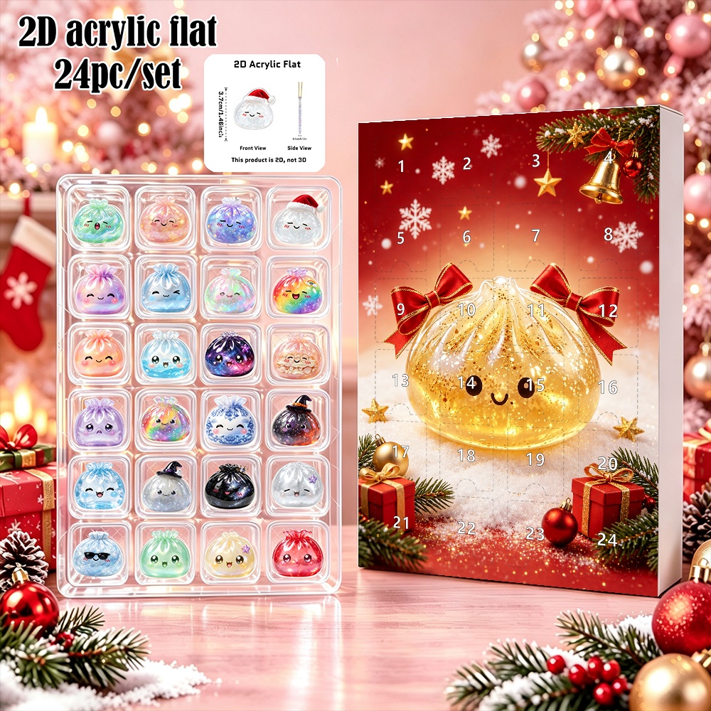 TEMU 2D Plat, 2D Plat, [2D Plat] 24pcs/Set de Noël Calendrier de l'Avent 24 Jours, Boîte Cadeau Compte à Rebours de Breloques Plates en Acrylique 2D,