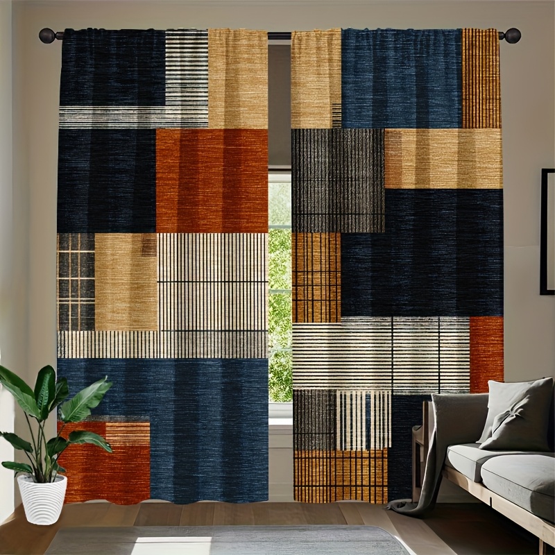 TEMU 2d Flat - 2d Plane - 2d Plane - Modern Geometric Curtains, Semi-, Dimensions 21.65x (55x 150cm), Featuring Patterns In Dark Blue, Brown, Orange,