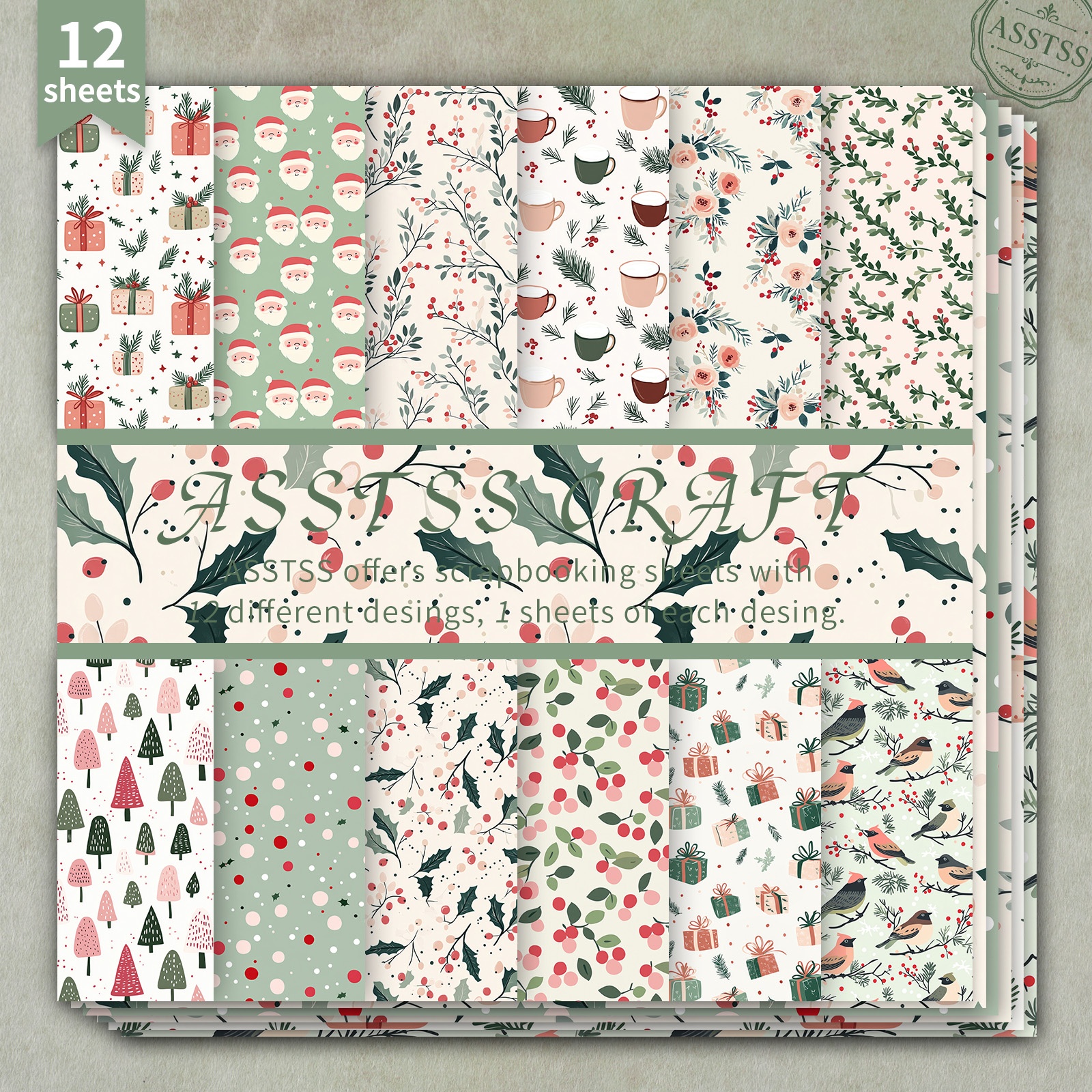 TEMU 12-sheet Asstss 6x6 Inch Scrapbooking Paper Pad, Christmas Morandi Light Tone Santa Holly Gift Bird Style Backing Paper Supplies, Heavyweight