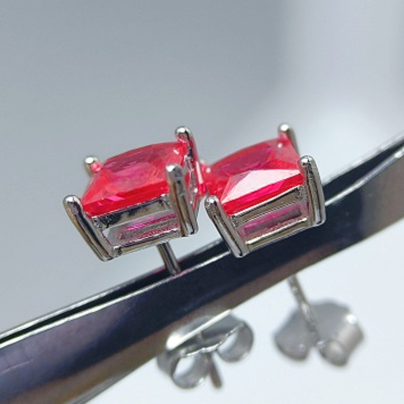 Unique 925 Silver Square Synthetic Red Gemstone Earrings