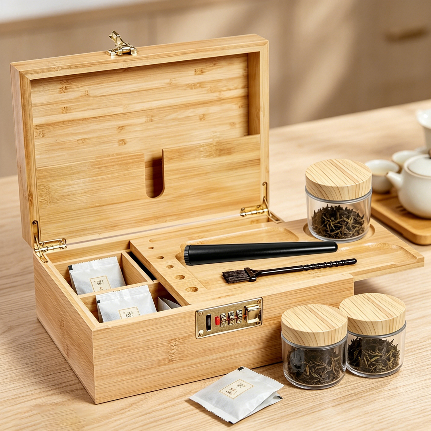 Bamboo Box With Combination Lock, Decorative Box With Handle, Large Storage Stash Box Set For Storing Tea, Coffee Beans, Etc., Lockable Organizer Set As Great Gift