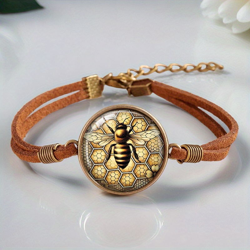2pcs Bees and Honeycombs Handmade Glass Cabochon Bracelets