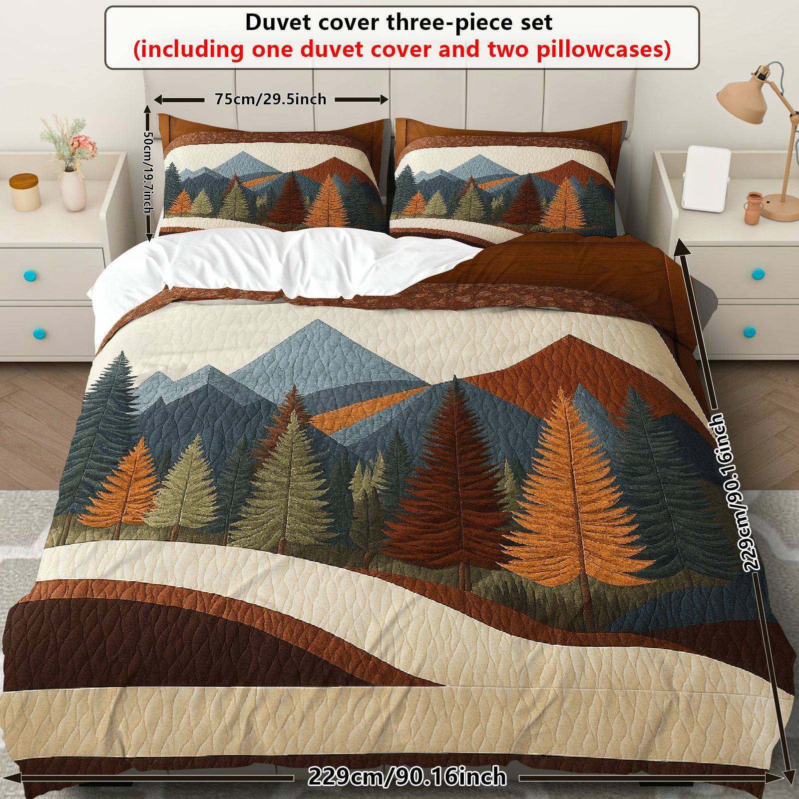 TEMU 3 pièces Housse de Couette, 1 Couette + 2 Taies d'Oreiller ( remplissage), Thème Nature Forêt Montagne Rustique, Ensemble de Literie pour