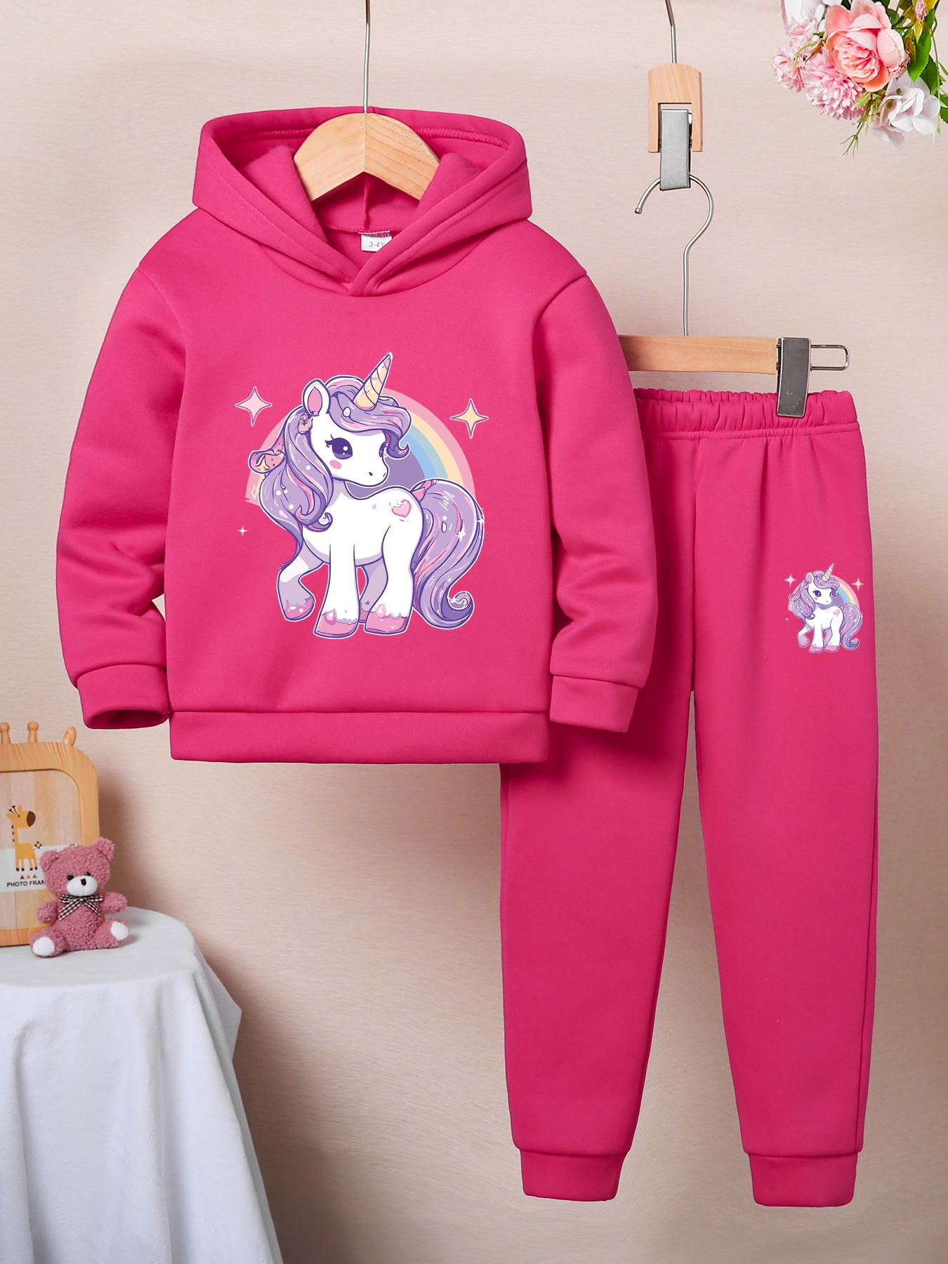 Girls' Unicorn Pattern Long-Sleeve Hoodie and Pants Set