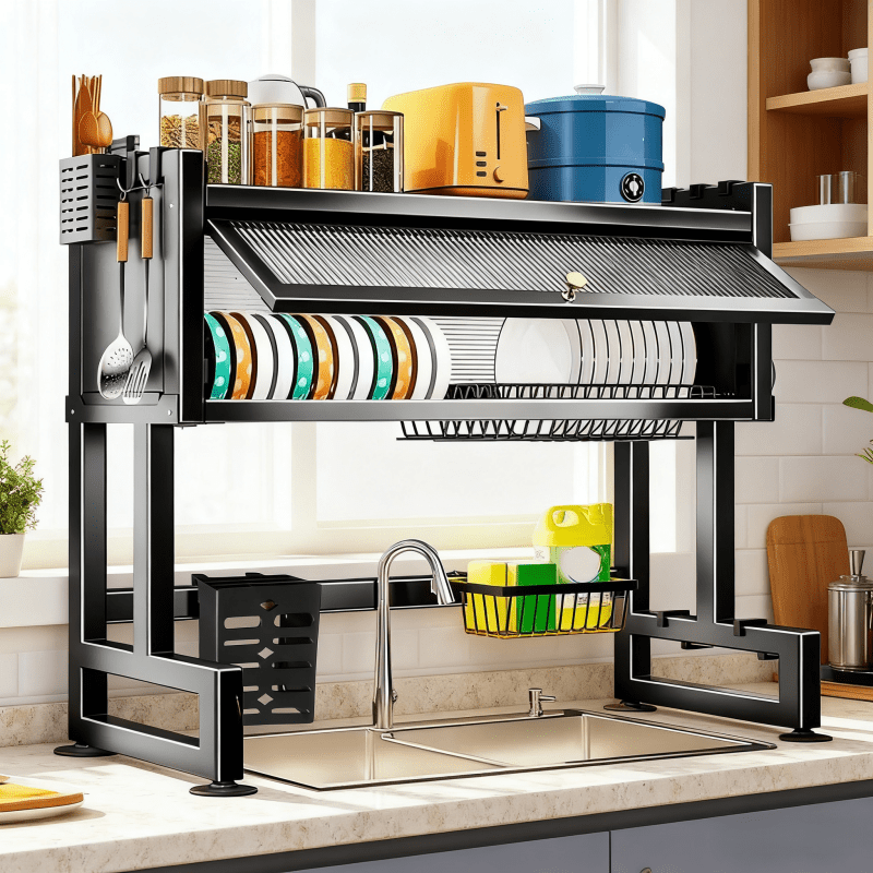 Image of Kitchen Dish Drying Rack Above Sink With Lid, Multifunctional Metal Kitchen Storage Rack For Bowls, Cups, Plates And Cutlery, Space Storage Rack With Cutting Board Holder, Tool Holder