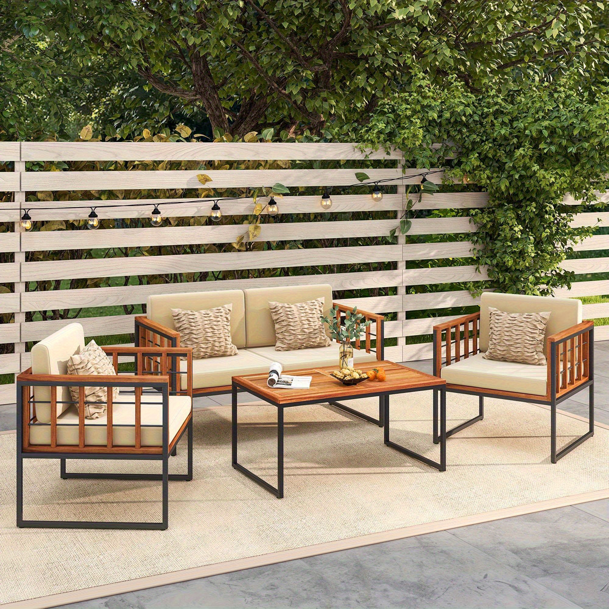 4pcs acacia wood outdoor sofa set with heavy-duty metal frame, l