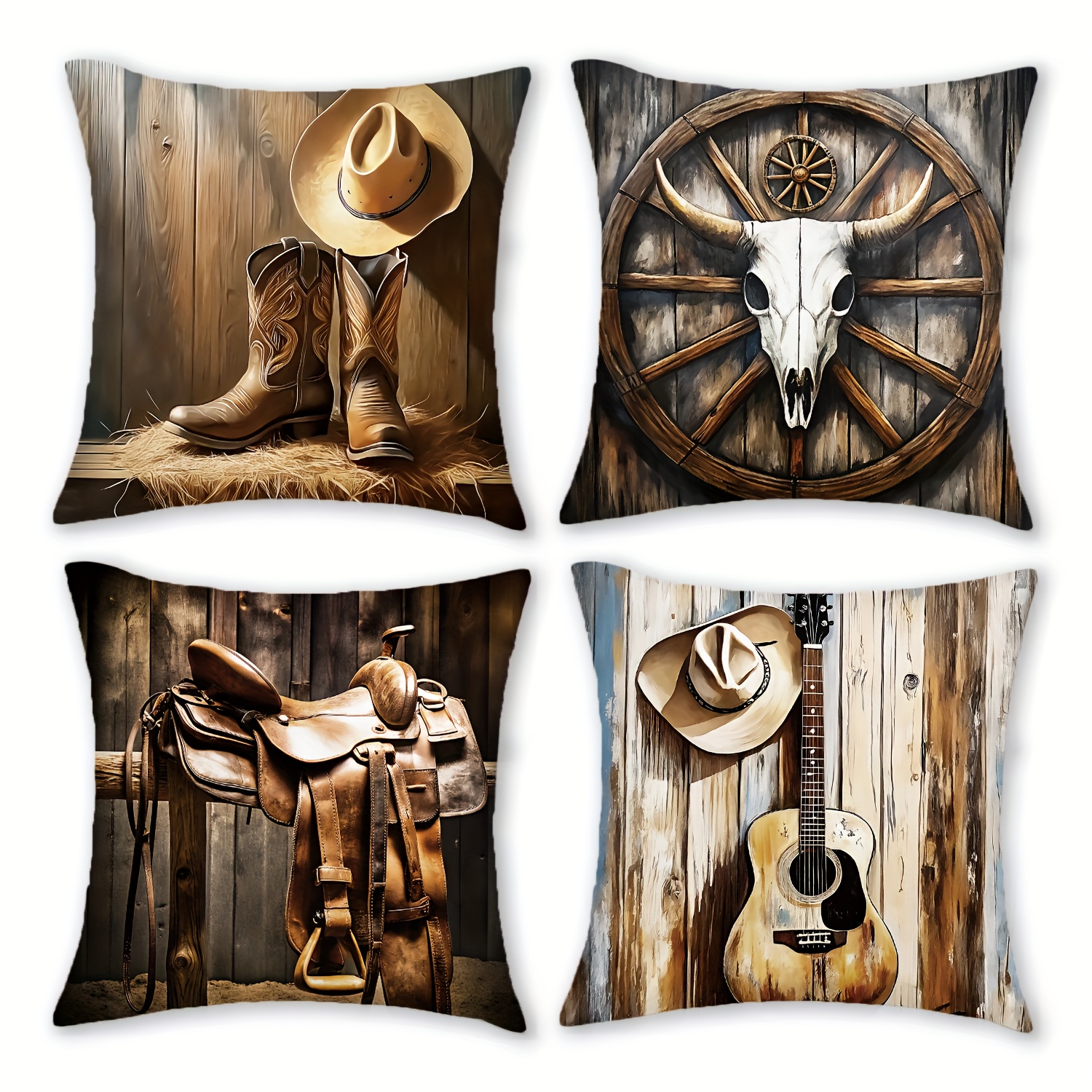TEMU 4pcs, Vintage Western Cowboy Themed Printed Pillow Covers 45x45cm, Soft Polyester With Zipper Design, Single-sided Print, Farmhouse Style Sofa