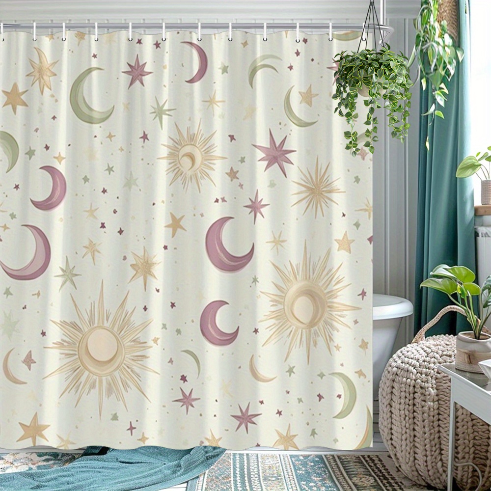TEMU 1 cortina de ducha con luna y estrellas, ilustración vintage de sol, decoración de baño de granja, tela de poliéster, divisor de baño, cortina