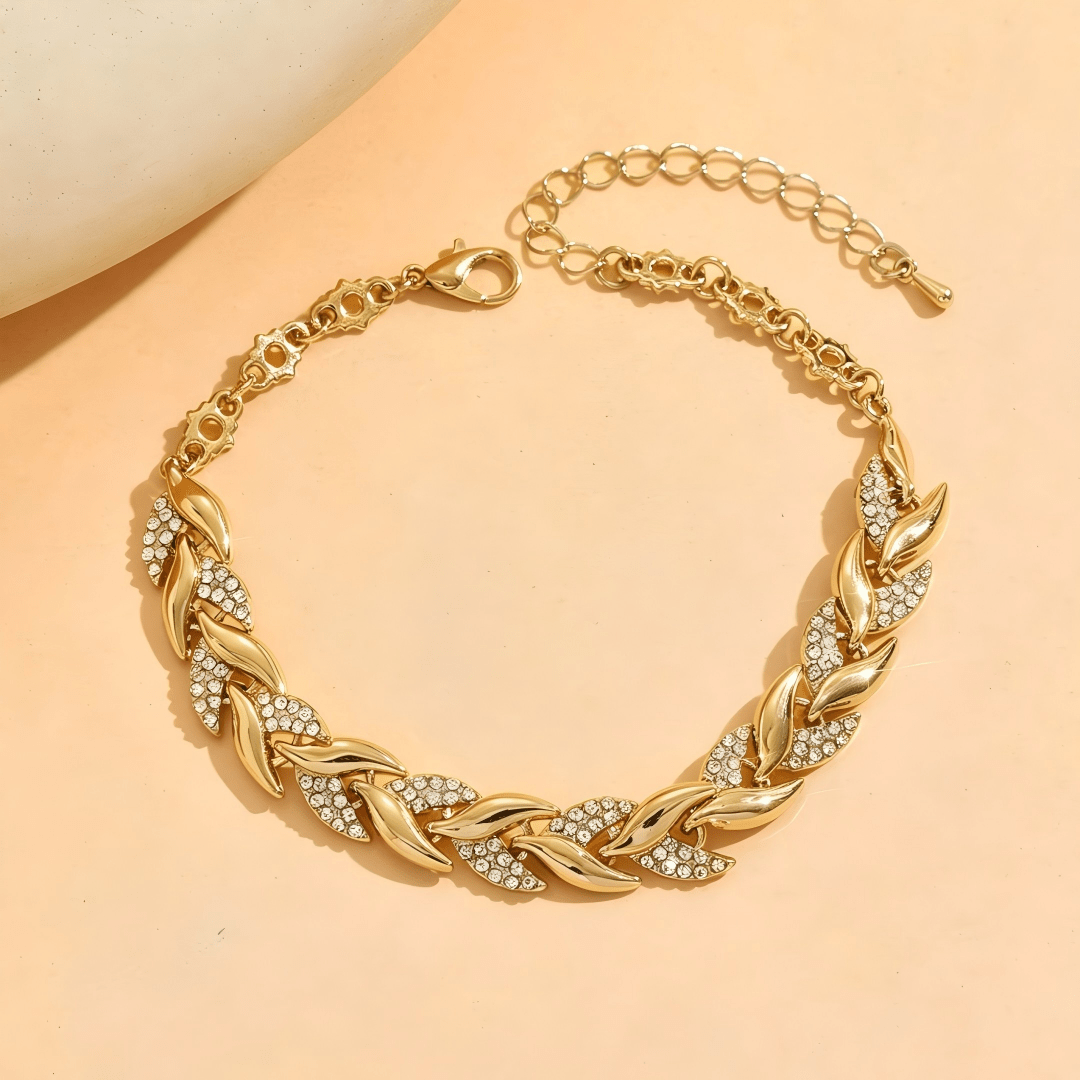 Golden Tone Rhinestone Leaf Chain Anklet
