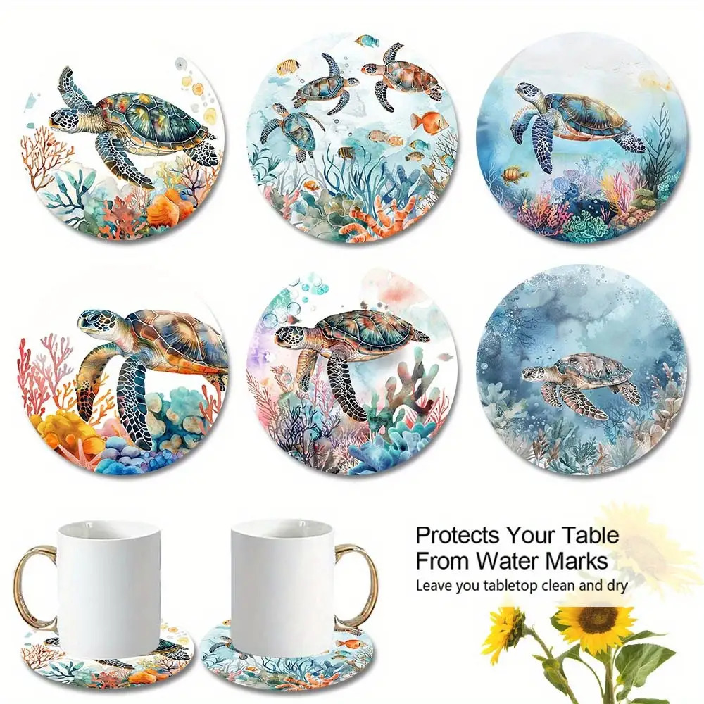 TEMU 6pcs Set Of Wooden Coasters With Life Patterns, Featuring Sea Turtle And Coral Designs, Measuring 9.5cm X 9.5cm