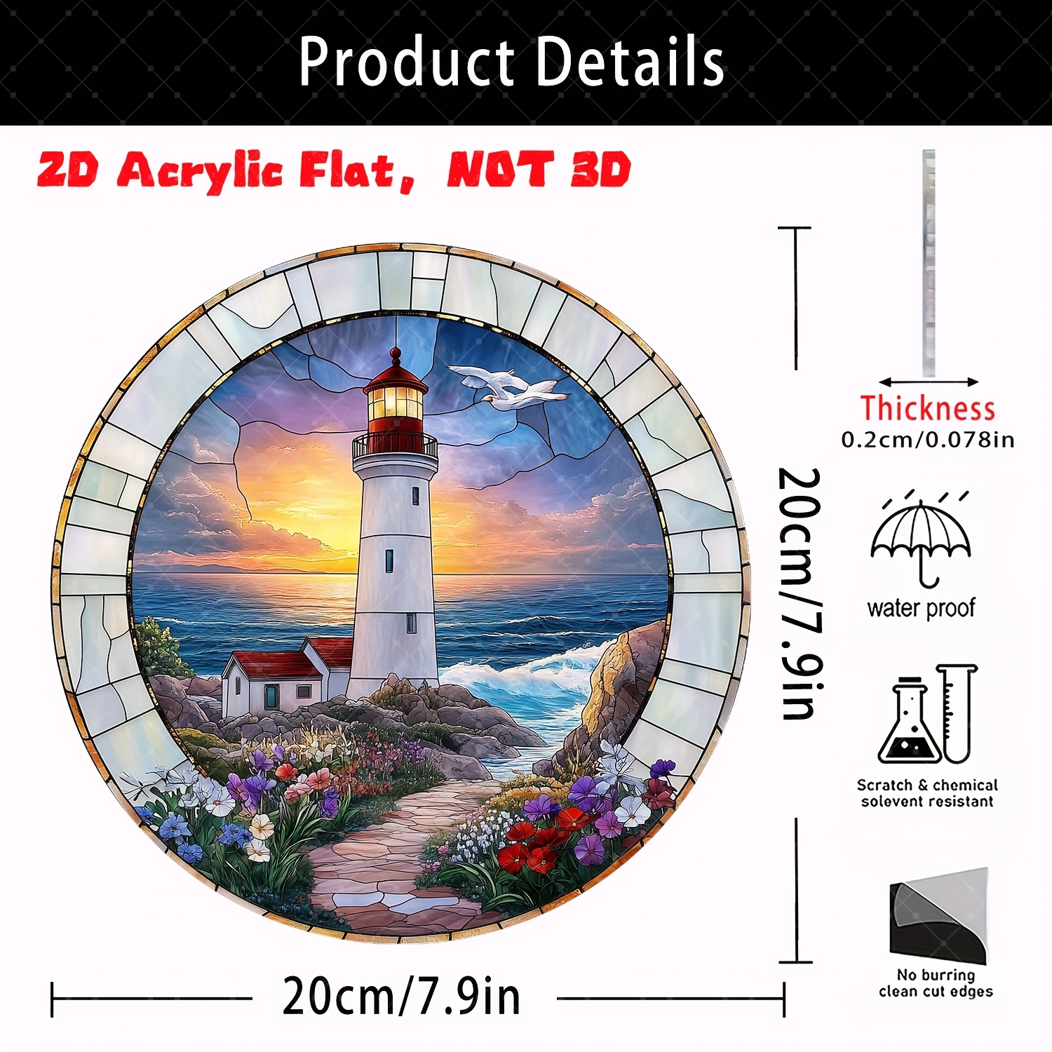 E-shop 2D Flach, []2D Flach ., Strand , (7.9 X 7.9 Zoll), Sonnenfänger, Acryl Rundfenster Glas Hängend, Geeignet für Zuhause, Veranda, Garten, Hof,