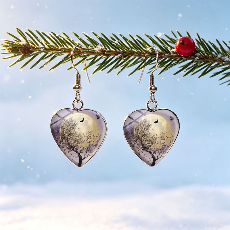 Unisex Glass Dome Dangle Earrings, Bare Tree & Purple Moon