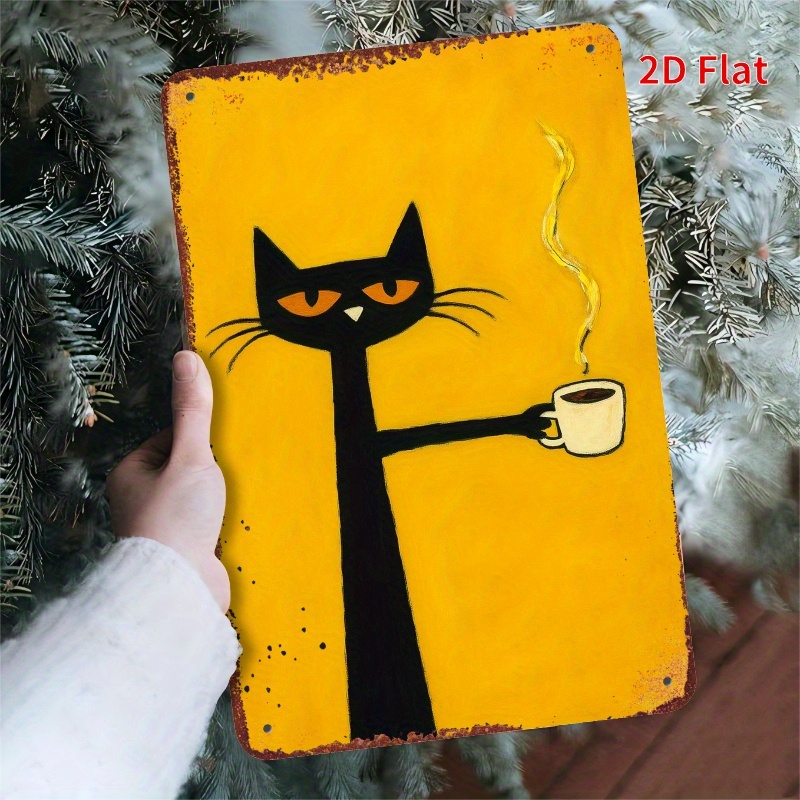 TEMU 2d Flat, Vintage Black Cat With Wooden Wall Decor - Distressed Metal Black Cat Holding A Cup, Indoor/outdoor Universal Decoration, Suitable For