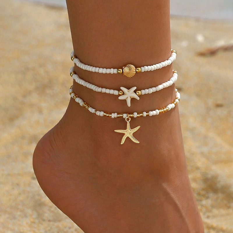 3pc Golden Starfish Bead Anklet Set for Women