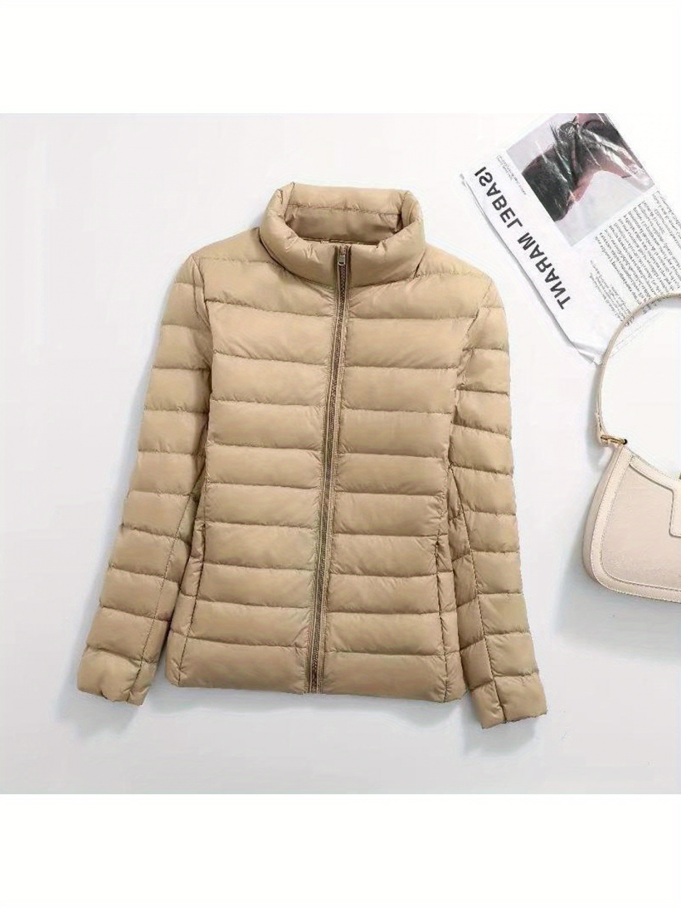womens korean style   fit lightweight duck down jacket elegant stand collar short coat with full zip closure soft pink winter coat for fall winter casual to semi formal wear   versatile layering piece winter jackets for women