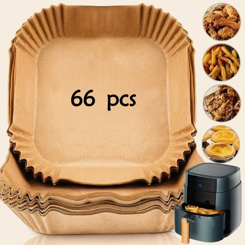 TEMU 66pcs Feuilles de cuisson antiadhésives pour friteuse à air, coussinets de papier sulfurisé jetables - à l'huile - à la chaleur - Facile à