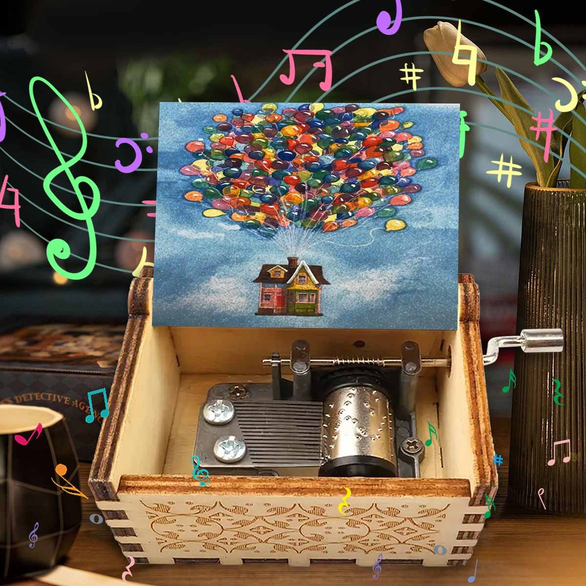 деревянная музыкальная шкатулка воздушный шар из дома на крыше, выбранный высококачественный материал, изобретательность для создания мечтательного звука, используйте музыку, чтобы рассказывать  , подарите родственникам, друзьям и одноклассникам изысканные подарки на дни рождения, праздники и юбилеи Детали 1