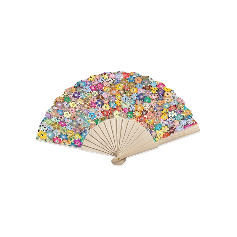 TEMU 1pc Handheld Folding Fan, Wooden Hand Fan, Portable And Lightweight Summer Cooling Fan With Dense Colorful Floral Pattern, Perfect For Parties,