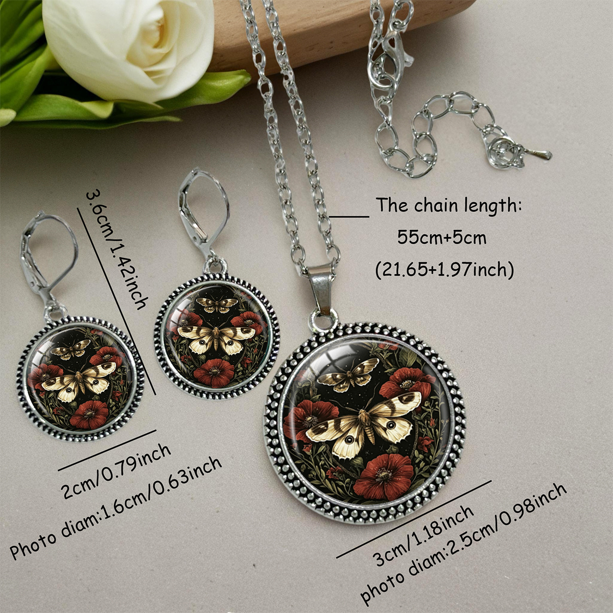 3pcs Vintage Papaver Rhoeas Moth Necklace & Earrings Set