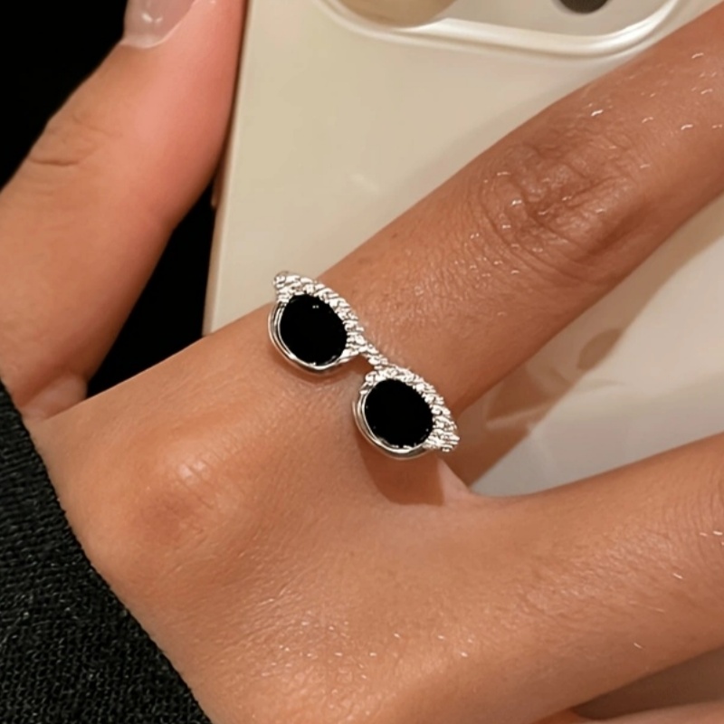 TEMU 1pc Mini Glasses-inspired Light Luxury Ring, A Unique And Creative Adjustable Open-end Ring For Finger, Set - Cubic Synthetic Zirconia,