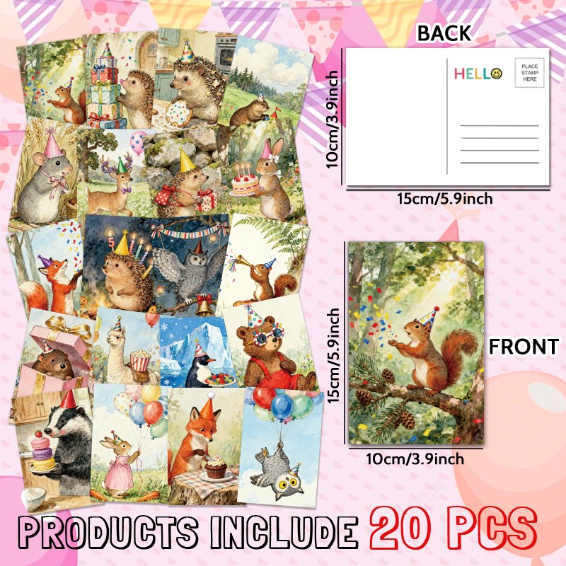 TEMU 20 stuks Schattige Dieren Verjaardagsfeest Postkaarten - Schattige Egel, Wasbeer, Vos & Cavia met Gelabelde Feesthoeden & Ballonnen - 4x6 Inch