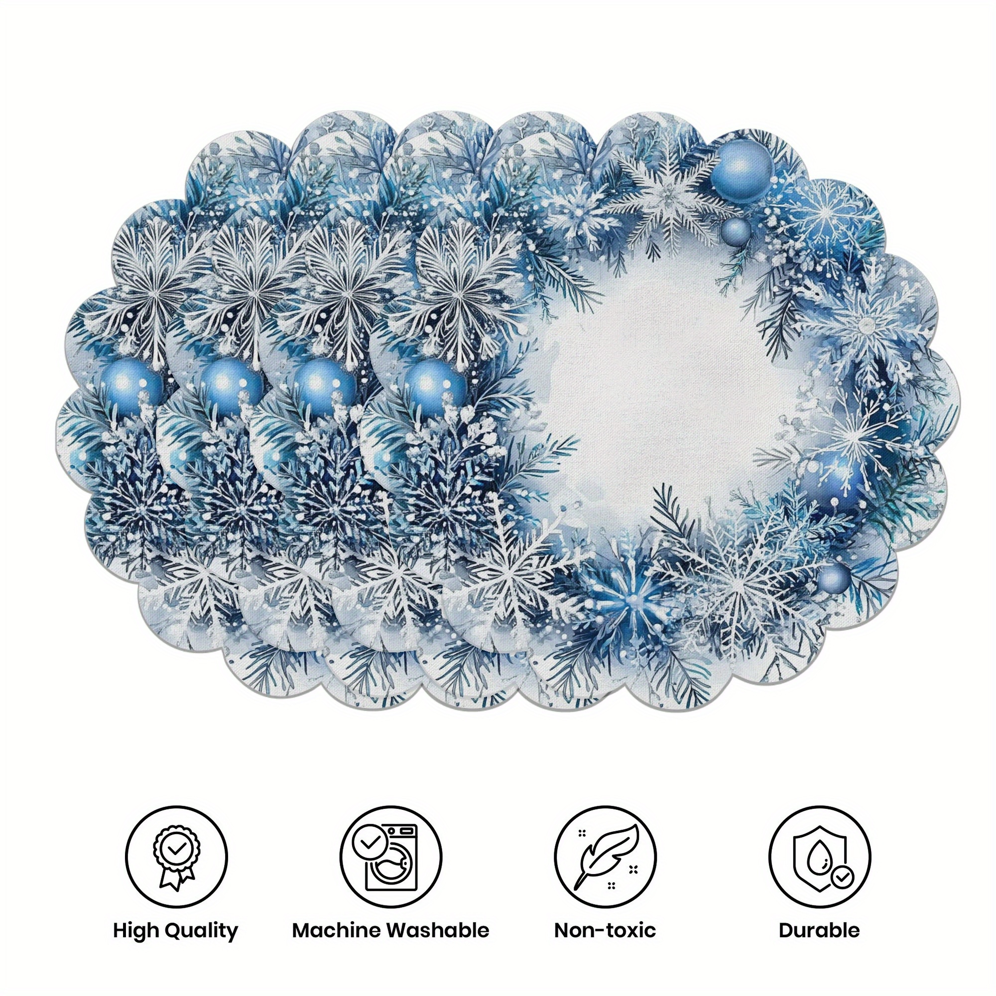 

4pcs Christmas Wreath Placemats, Snowflakes Ornaments Blue Table Mats For Home Decor Non-slip Washable Place Mats For Daily Banquet Party Dining Table Decoration 15, Round