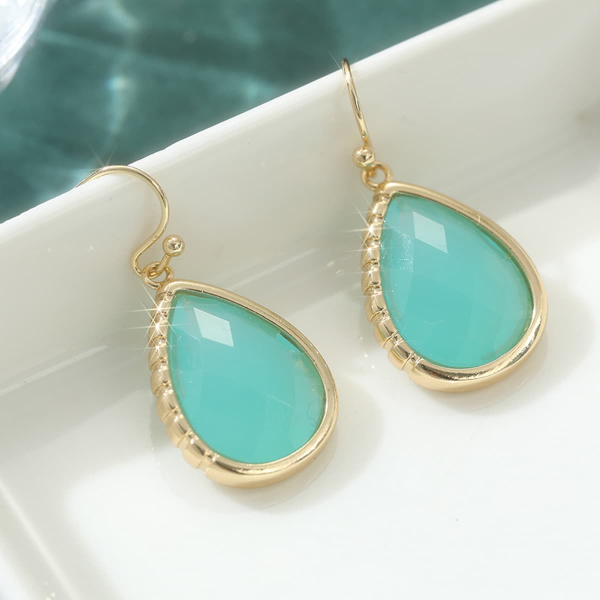 Women's Long Dangle Earrings with Light Lake Blue Zirconia
