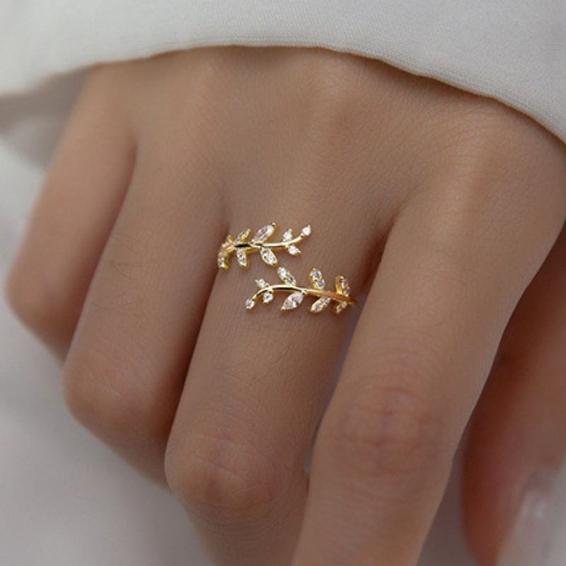 Image of Exquisite Simple Opening Adjustable Ring Inlay Synthetic Zirconia Leaf Rings For Women Daily Party Autumn Accessories