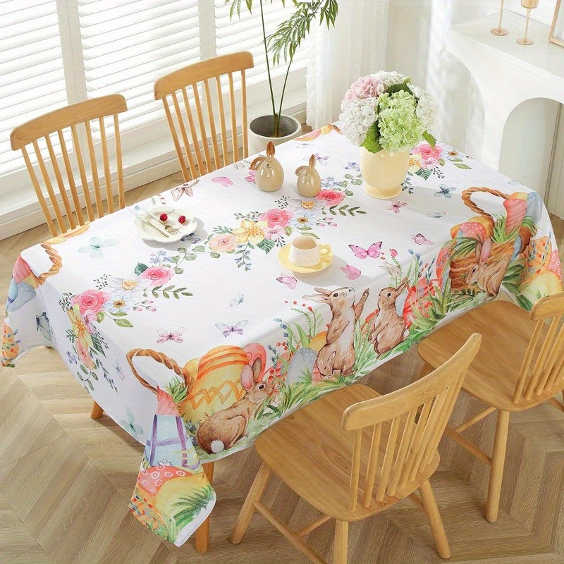 

1pc Easter Tablecloth Egg Flower Watercolor Rabbit Tablecloth Washable Rectangular Tablecloth, Suitable For Party, Banquet, Picnic Decoration