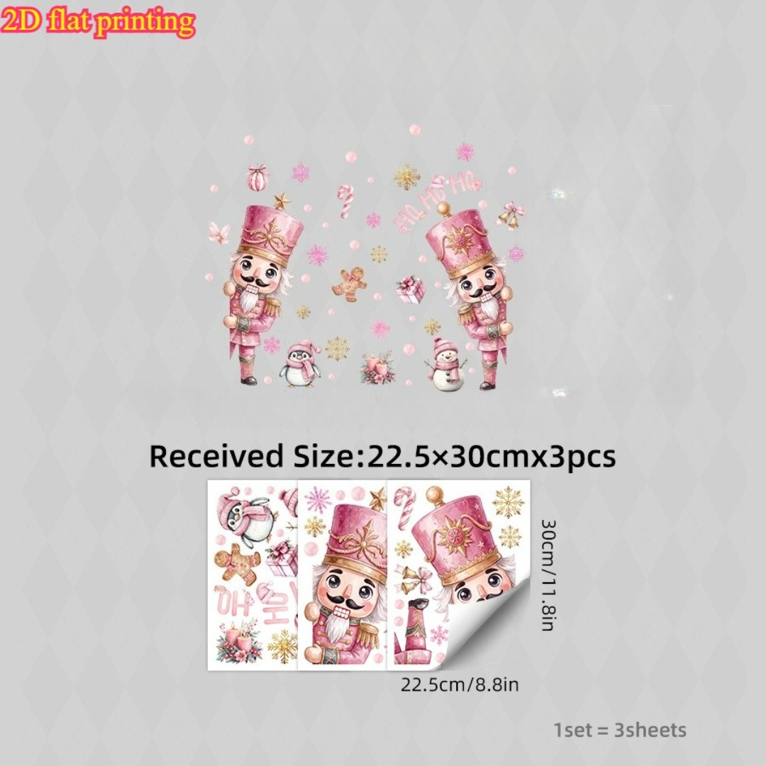 TEMU 2d Flat, 1 Set/3pcs, 2d Flat Printing, Christmas Window Stickers, Cute Penguin Snowman Glass Door Decals, Pink And Golden Snowflake Gingerbread